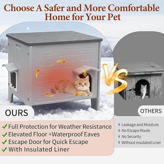 Deblue Insulated Cat House Outdoor Weatherpoof Plastic Cats Houses with Escape Door Indoor Waterproof Feral/Pet Cat Shelter Outside for Puppy, Rabbit for Winter (Grey)
