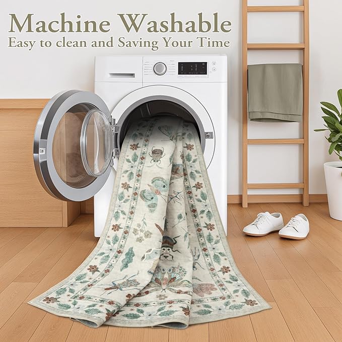 Lahome Insect Print Washable Rugs for Living Room, Soft 6x9 Area Rugs for Bedroom, Ultra-Thin Non Slip Modern Area Rug Low Pile Stain Resistant Throw Carpet for Dining Room Office(6'x9',Beige)