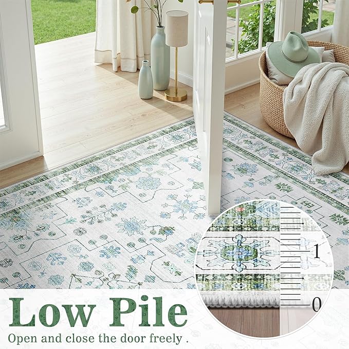 DCX Green 8x10 Rug, Kid & Pet Friendly with Rubber Back Non Slip, Machine Washable Stain Resistant Vintage Boho Floral Rug for Living Room, Bedroom, Soft Low Pile Large Nursery Carpet