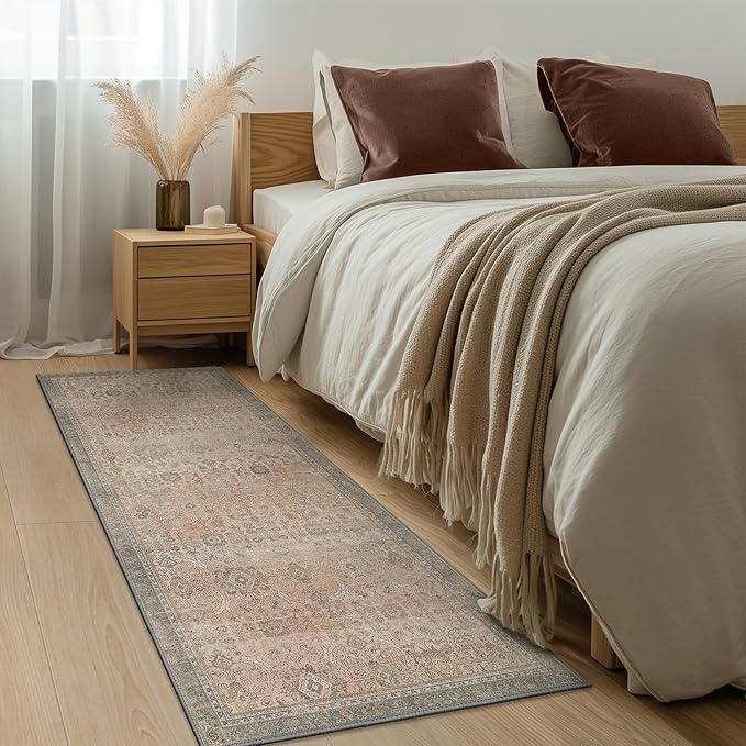 2x5 Runner Rug Machine Washable Boho Rug Runners for Hallway,Ultra-Thin Low Pile Rug,Lightweight Indoor Carpet,Non Slip Floral Runners for Enrtyway, Corridor, Home Office, Kitchen,Light Beige