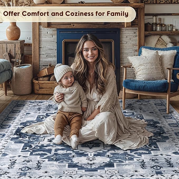 LBRO2M Boho Area Rug 6X9 for Bedroom Low Piles Indoor Rug, Non Slip Soft Carpet for Living Room, Dining Room, Blue Rug Foldable Pet Friendly Area Rugs Stain Resistant (6'X9' Blue)