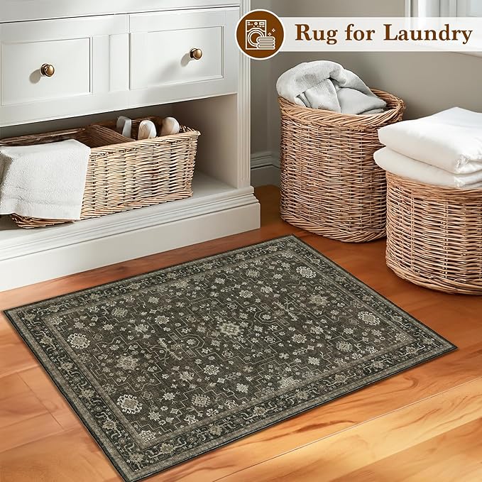 LBRO2M Farmhouse Rug 2X3 Washable Rugs for Kitchen Entryway Bathroom, Vintage Non Slip Area Rugs Soft Low Piles (2X3 Dark Brown)