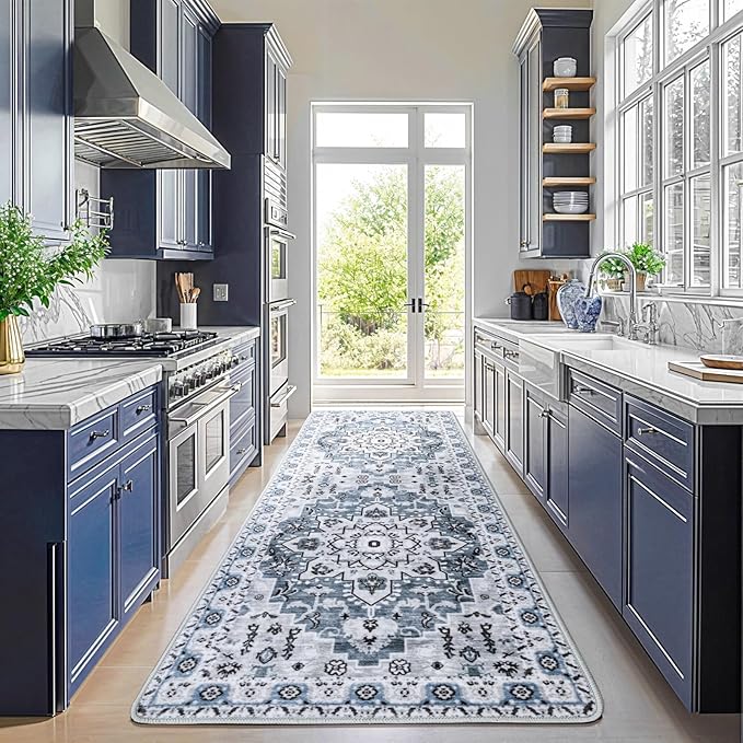 LBRO2M Boho Runner Rug 2X6 Hallway Rug Non Slip Washable Runners for Hallways, Bedroom, Kitchen Laundry Room Pet Friendly Area Rugs (2X6, Blue)