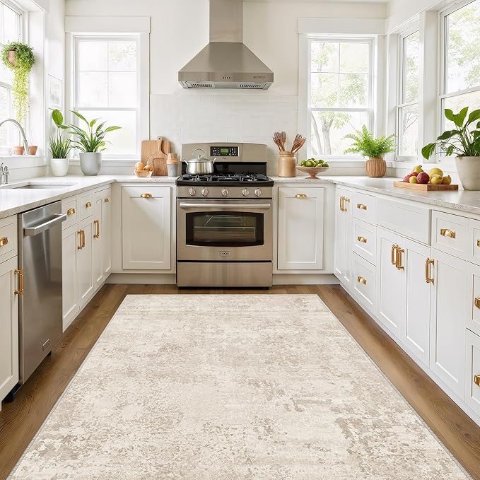 Art&Tuft Non-Slip Runner Rug - 3x5 Runner Rug Washable Low-Pile Rugs Runners, Soft Distressed Carpet Runner for Bedroom Bathroom Kitchen Laundry Living Room, Beige