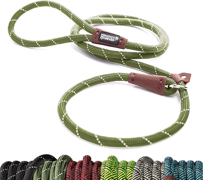 Friends Forever Extremely Durable Dog Rope Leash, Premium Quality Training Slip Lead, Reflective, Thick Heavy Duty, Sturdy, No Pull, Comfortable For The Strong Large Medium Small Pets 6 feet, Olive