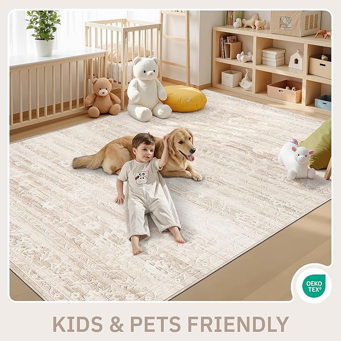 Area Rugs 5x7 for Living Room, Floral Washable Rugs for Dining Room, Bedroom, Kitchen, Vintage Non-Slip Thin Area Rug Beige Ivory