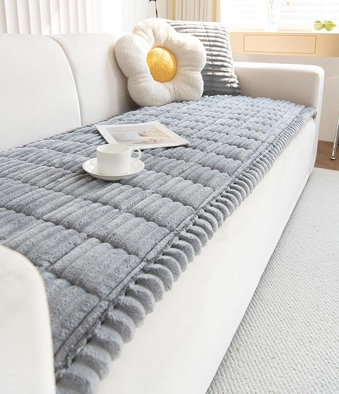 Faux Fur Plush Dog Couch Cover 3D Stripe Fuzzy Sofa Cover Non-Slip Fluffy Dog Bed Cover Pet Blanket Sofa Couch Furniture Protector for Puppy Large Dog Cat (Light Grey,31"x82")