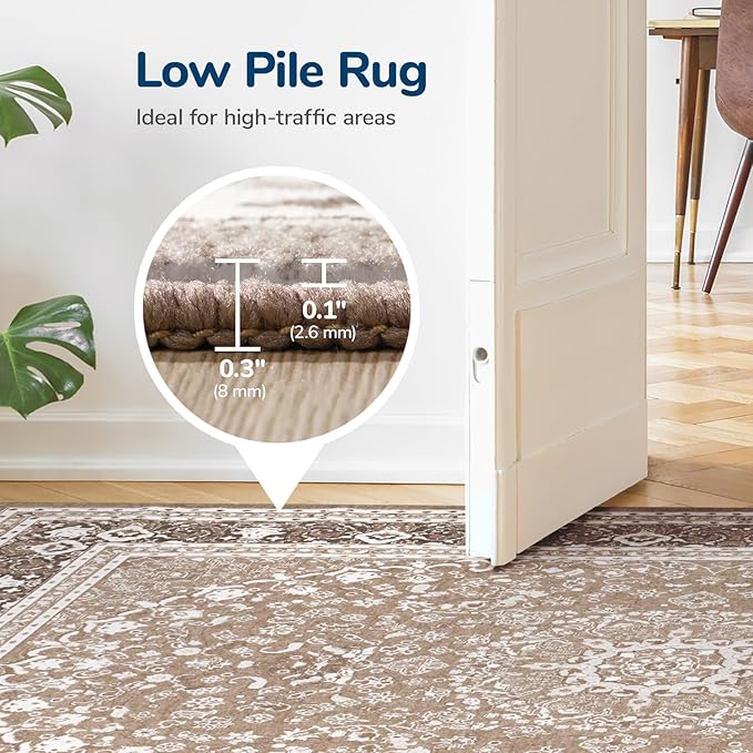 Lessymo 8 x 10 Area Rugs for Living Room, Machine Washable Area Rugs Boho Faux Wool Low Pile Area Rug for Bedroom, Floral Medallion Vintage Rugs with Non-Slip Rubber, Kid & Pet Friendly,Brown White
