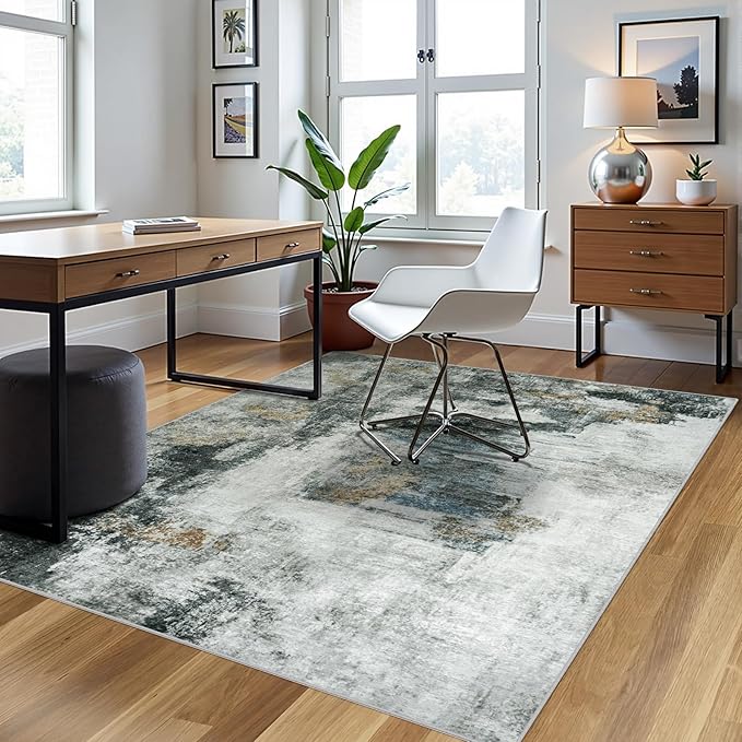 5x7 Area Rugs for Living Room Rug Washable: Abstract Rug for Dining Room Bedroom Carpet Non Slip 5 by 7 Indoor Modern Nursery Home Office Black Gold