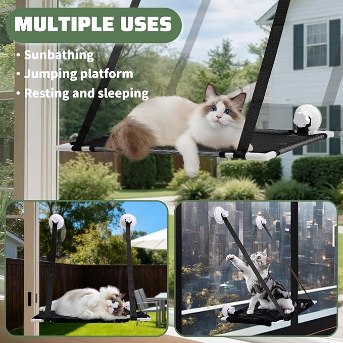 Cat Window Perch Indoor Easy to Assemble Hammock Bed Two Replaceable Cat Pads Flannel Pad for Winter and Mesh Pad for Summer 4 Strong Suction Cup with Flannel Cover Load Weight Up to 40lbs