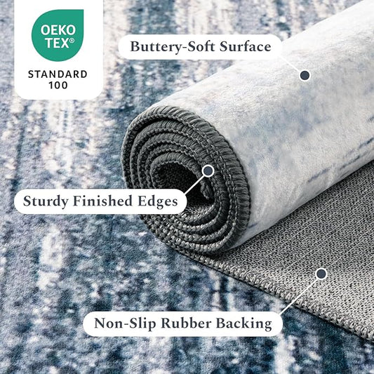 Rugflix 8x10 Large Area Rug for Living Room, Washable Low Pile Carpet Non Slip, Soft Stain Resistant Blue Grey Indoor Rug for Bedroom, Dining Room, Home Office
