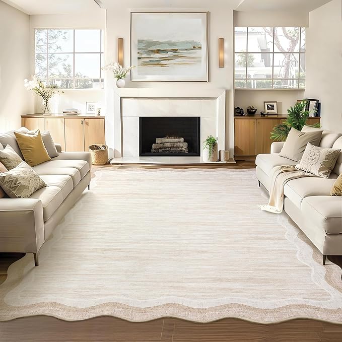 GarveeHome Washable Rugs 8x10 Scallop Solid Living Room Rug Scalloped Rug with Non-Slip Backing, Stain-Resistant Low Pile Easy Cleaning Rugs, Soft Modern Carpet for Bedroom Playroom Nursery,Beige