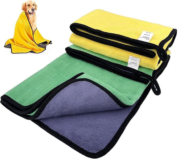 Dog Towel - 2 Pack Large Dog Bath Towel Super Absorbent Microfiber Beach Towels for Quick Drying Small Medium Large Dogs and Cats, Machine Washable,55.1x27.5 inch,Yellow Green