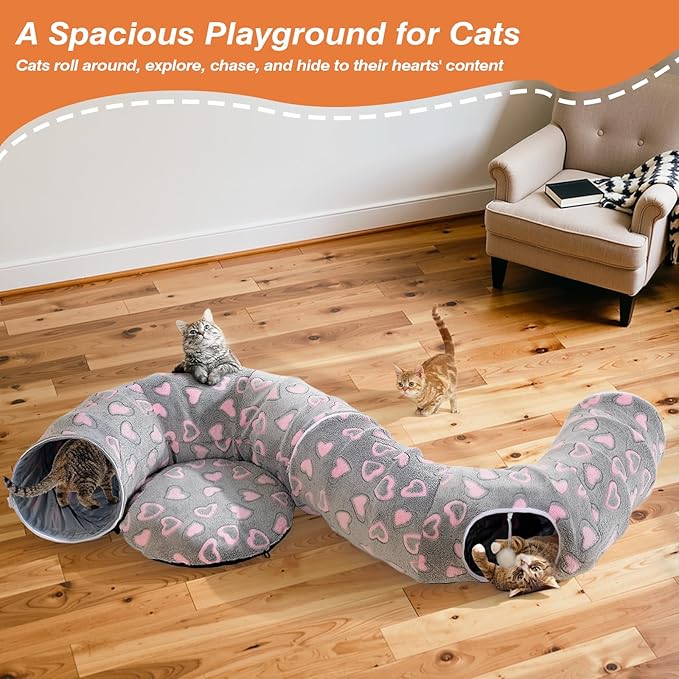 Cat Tunnels for Indoor Cats, 35'' Plush Cat Tunnel Bed with Playful Ball and Circle Cushion, Multifunctional Peekaboo Cat Cave, Interactive Toy Gift for Cats, Kittens, Rabbits, Gray&Heart