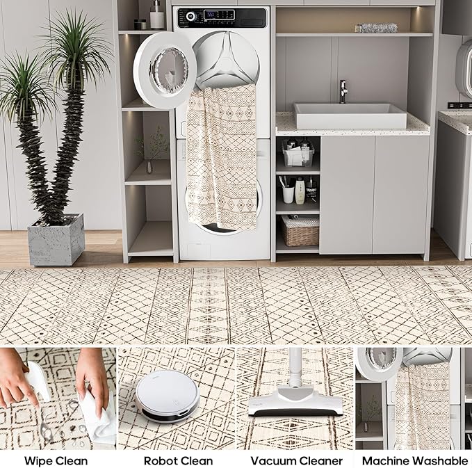 4x8 Rug Runner Machine Washable: Moroccan Hallway Runners - Non Slip Low Pile Soft Pets Friendly Rugs - Indoor Carpet for Kitchen Bedroom Entryway Laundry 4x8 Geo Beige