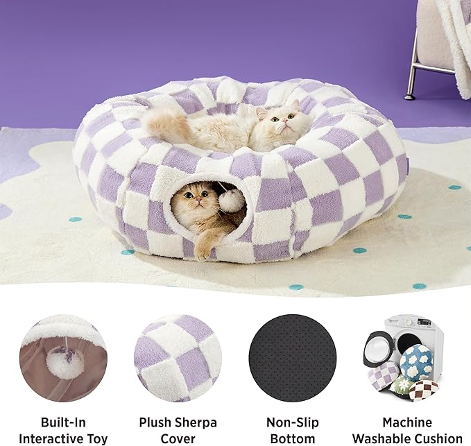 Lesure Cat Tunnel Bed for Indoor Cats - Cute Cat Donut Tunnel Toys for Small Large Cats with Washable Circle Cushion, Round Pet Peekaboo Cave Toy for Kitten/Puppy/Rabbit, Standard Lavender Checks