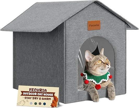 Outdoor Cat House Weatherproof, Insulated Cat Houses for Outdoor/Indoor Cats for Winter, Waterproof Feral Stray Cat Shelter with Door Curtain and Warm Cushion, Easy to Assemble, Grey