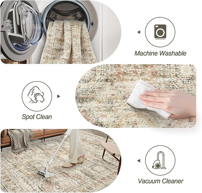 Washable Area Rug 8x10, Large Soft Rugs for Living Room Vintage 8x10 Area Rugs for Bedroom Dining Room Non-Slip Stain Resistant Under Table Brown Pink Rug