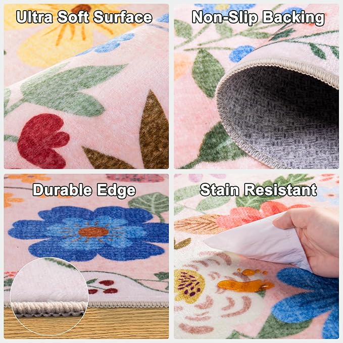 Runner Rug for Entryway: 2x6 Kitchen Rugs Non Slip Washable Ultra-Thin Soft Floral Carpet Indoor Floor Stain Resistant Carpets for Hallway Bedroom Kitchen Laundry Bathroom Dorm Beige