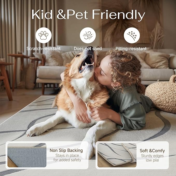 HUGEAR Shag Area Rug 5x7 Grey & Ivory Washable Living Room Bedroom Rug Non Slip Non-Shedding Soft Plush Medium Pile Large Throw Carpet for Home Office Aesthetic Modern Decor