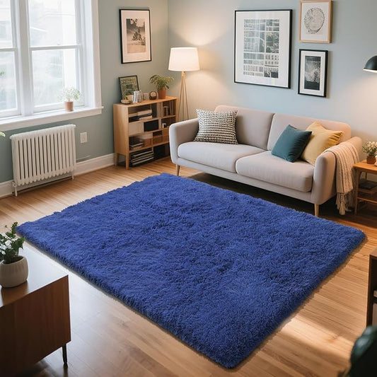 Blue Fluffy Rug Shaggy Area Rug, 4x6 Area Rugs for Girls Bedroom, Soft Cute Baby Play Mat, Indoor Floor Carpet for Teen, Nursery, Preppy Dorm, Plush Aesthetic Bedside Rug