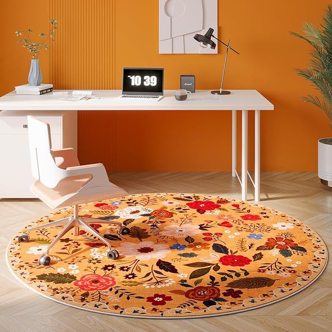 Rugcomf Round Rug 4ft Washable Circle Rug Non Slip Low Pile Boho Floral Small Circular Rug for Bedroom, Bathroom, Entryway, Kids Room, Office, College Dorm(Yellow)