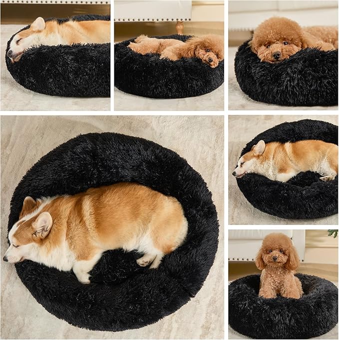 Dog Bed Calming Beds for Small Medium Large Dogs - Round Donut Washable Puppy Dog Bed, Anti-Slip Faux Fur Fluffy Donut Cuddle Anxiety Cat Pet Bed(32'' Black)