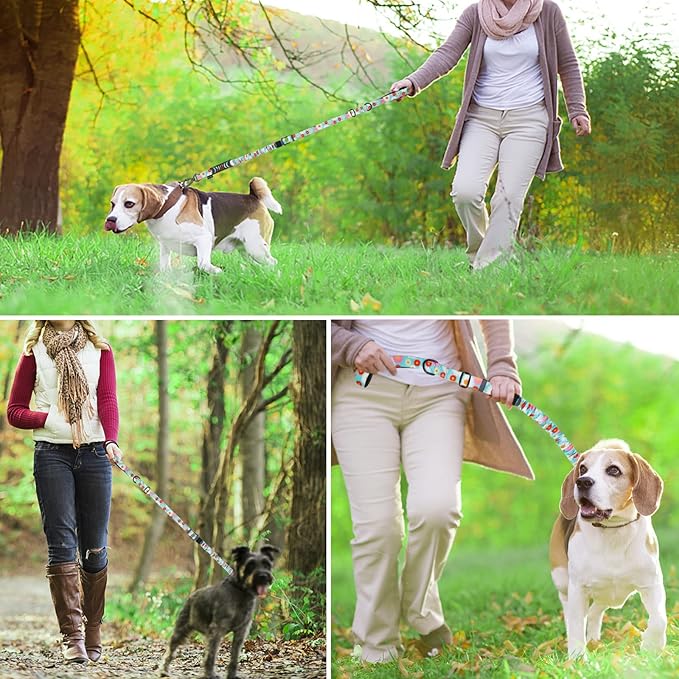 Hotsky Tactical Dog Leash Heavy Duty for Medium Large Dogs That Pull,4-6Ft Strong Bungee Shock Absorbing No Pull Dog Leash with Padded Double Handle and Car Seatbelt,Daisy