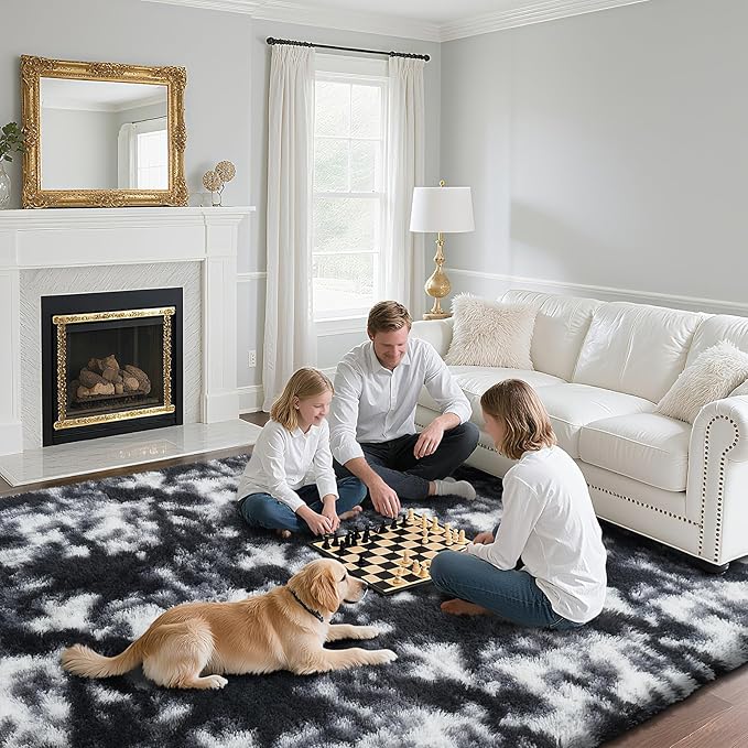Fluffy Rug Shaggy Area Rug, Mottling Black 3x5 Area Rugs for Bedroom, Small Bedside Rug, Soft Fluffy Shaggy Entryway Throw Rugs for Living Room Bedroom Kids Room Home Decor