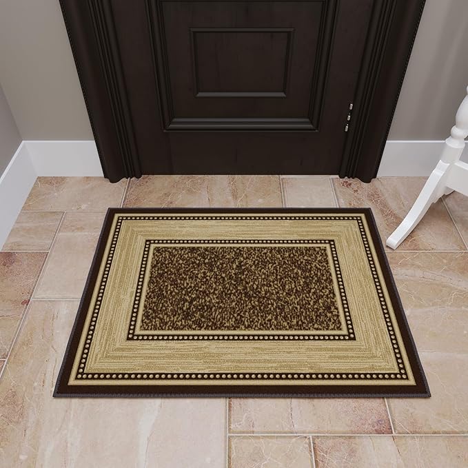 Ottomanson Rugs for Entryway 2'3" x 3' Non Slip Border Small Area Rugs Durable Front Door Mat Rug Stain Resistant Entrance Rugs for Bathroom Kitchen Bedroom & Living Room, Brown