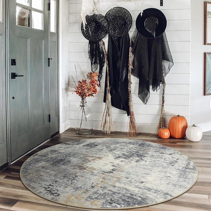 Lahome Modern Abstract Round Rug - 4Ft Grey Small Bathroom Rug Indoor 4x4 Circle Rugs Washable Kitchen Mat, Non Slip Contemporary Bedroom Carpet for Living Dining Room Office Nursery