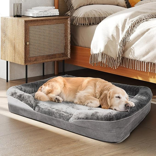 Dog Bed Waterproof Medium/Large Sized XL Foam Pet Beds Removable Washable Cover Dog Sofa Egg Crate Foam Support with Zipper Bottom Bolster Deluxe Plush Mat (38.2x30.3x7.5in+Grey)