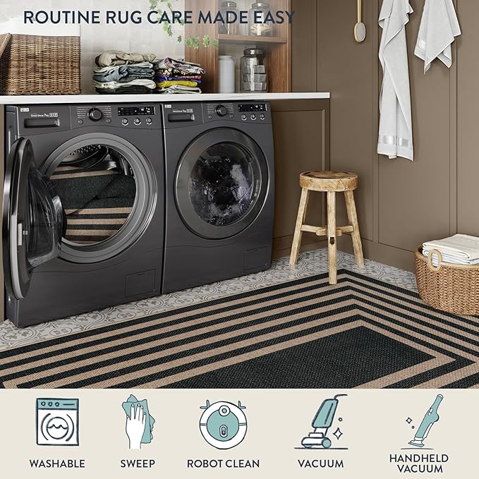 Lahome Modern Geometric Easy Jute Outdoor Rug, 3x5 Black Indoor Outdoor Carpet for Living Room Entryway, Farmhouse Non Slip Non Shedding Washable Area Rug for Patio Courtyard Bedroom