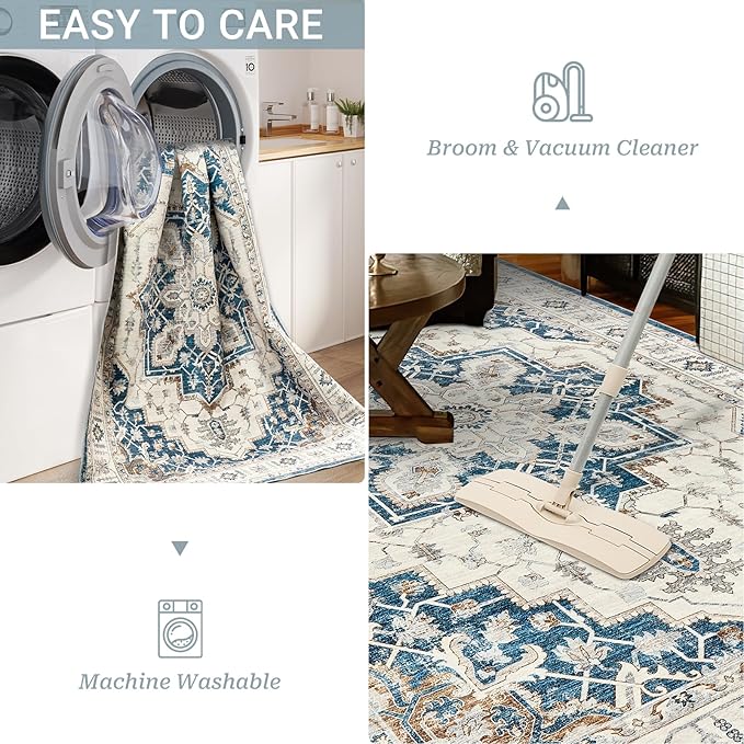 8x10 Area Rug for Living Rooms, Stain Resistant Neutral Washable Rugs for Dining Rooms, Floral Vintage Non-Slip Thin Large Size Area Rugs(Blue)