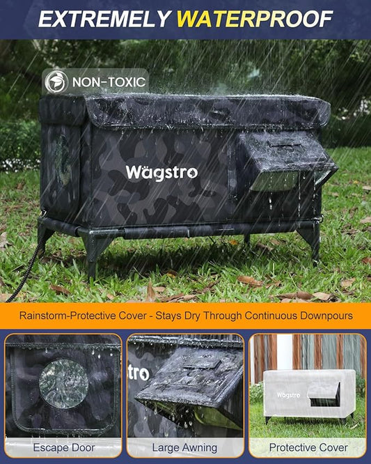 Heated Cat House for Outside, Insulated Weatherproof Heated Outdoor Cat House with Waterproof Eaves & Escape Door, Elevated Outdoor Cat Shelter for Feral Stray Cat (Black Camo, 25.6"x16.5"x18")
