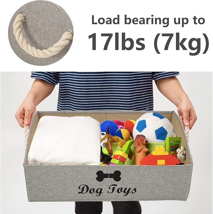 Geyecete Large Dog Toys Storage Bins - Foldable linen Trapezoid Organizer Boxes with weave Rope Handle, Collapsible Basket for Shelves (Light Brown-DOG)