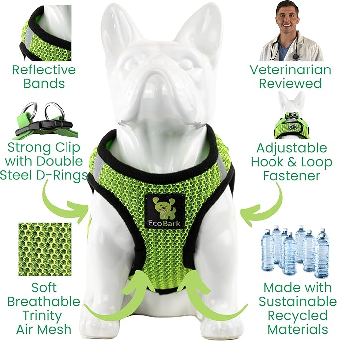 EcoBark Step in Dog Harness - Eco-Friendly Teacup Dog Harnesses for XXS, XS, and Small Dogs - Reflective and Adjustable Mini Body Halter Vest -Tiny Soft Mesh Toy Breed Harness (Neon Green, XXS)