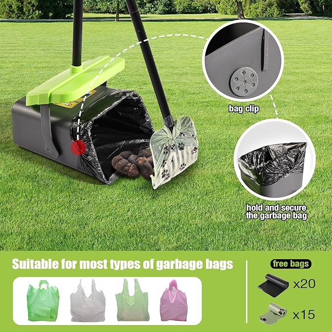Pooper Scooper Swivel Bin & Rake Kit with 35 Bags – 46" Long Handle Heavy Duty Dog Poop Scooper with Bag Attachment, Yard Pet Waste Cleanup Tool for Large Medium Small Dogs
