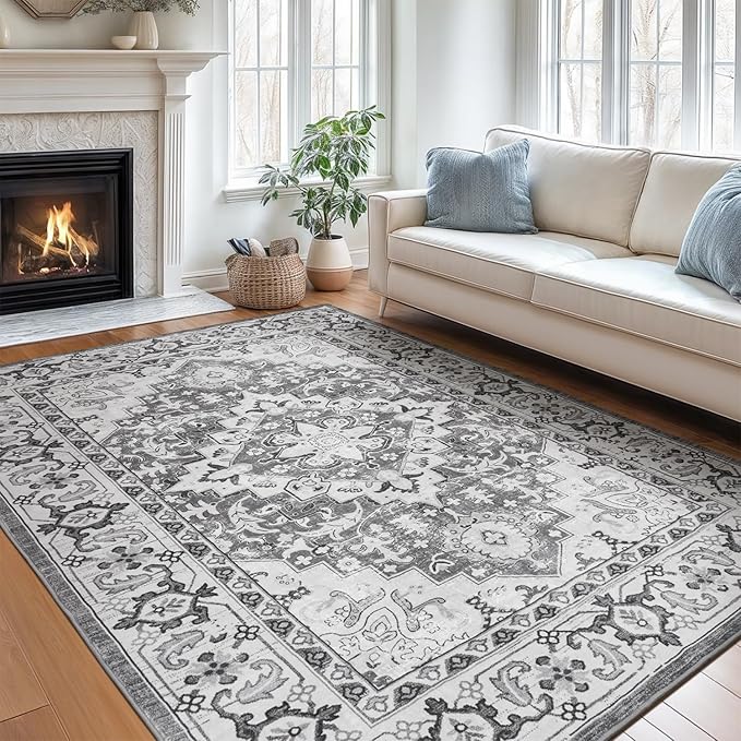 Lofus 5x7 Area Rugs for Living Room, Washable Area Rug, Rugs for Bedroom, Kitchen, Vintage Boho Carpet, Soft Non-Slip, Low Pile Large Area Rug for Office Dining Room, Floral Grey