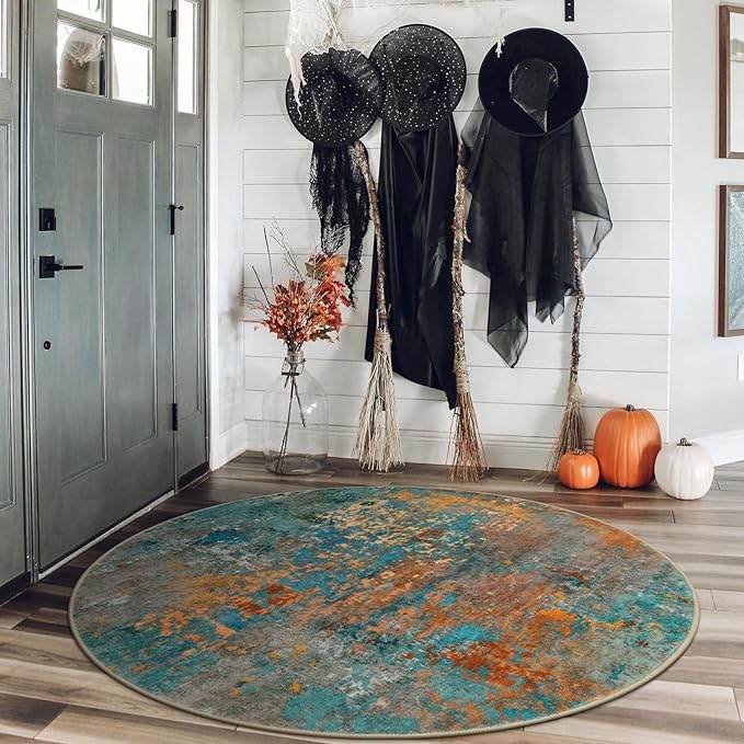 Lahome Modern Abstract Round Rug - 4Ft Colorful Rugs for Entryway Small Bathroom Rugs Washable 4x4 Circle Mat, Contemporary Indoor Floor Accent Carpet for Kitchen Bedroom Family Room Decor