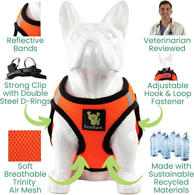 EcoBark Step in Dog Harness - Reflective Soft Luxurious Mesh Dog Harnesses for XXS, XS, Small, and Medium Dogs Eco-Friendly Comfort Secure Halter No Pull Adjustable Pet Vest (Orange, Medium)