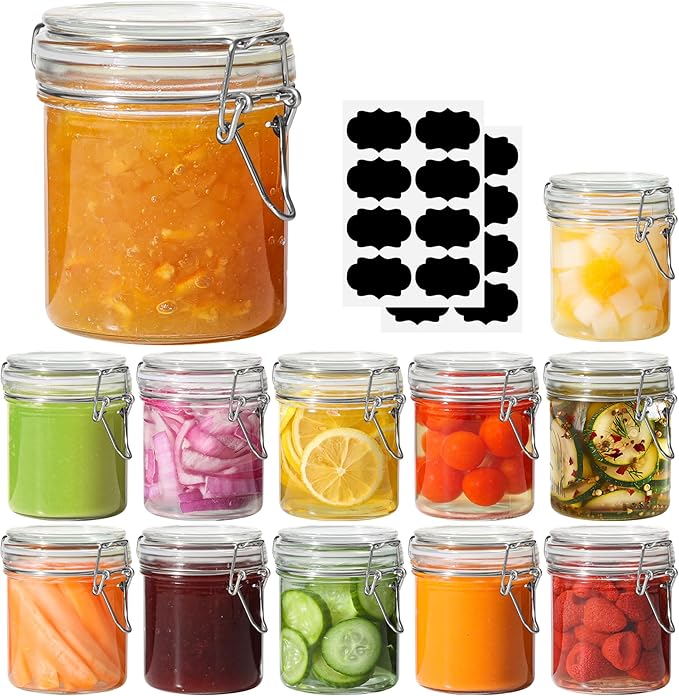 ComSaf 8oz Small Airtight Glass Jars Set of 12 with Lid Food Storage Jar Round, Mini Storage Container with Clear Preserving Seal Wire Clip Fastening for Kitchen Canning, Jam, Spice, Honey, Mason Jars