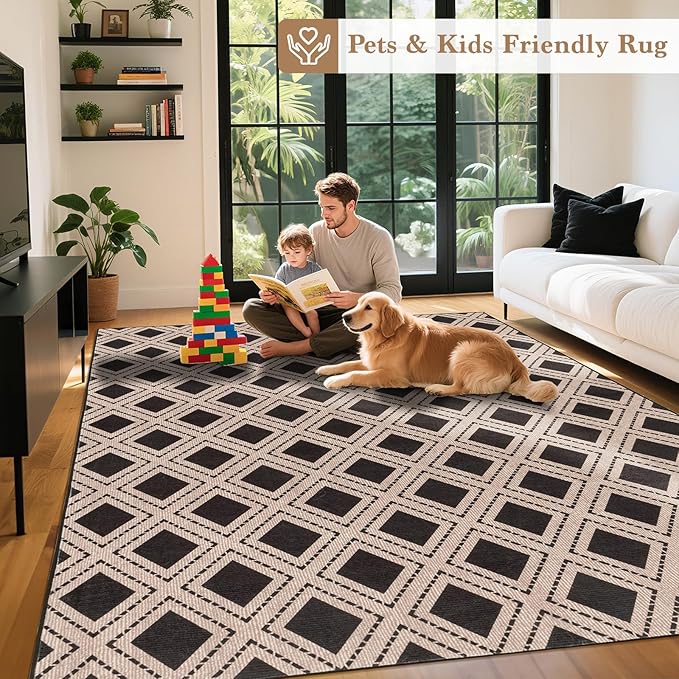 LBRO2M Checkered Rug 8X10 for Living Room Washable Rugs for Bedroom Office Non Slip Modern Area Rugs Easy Clean, Soft, Stain Resistant Carpet Low Piles Great for Pets and Family (8'X10' Black)
