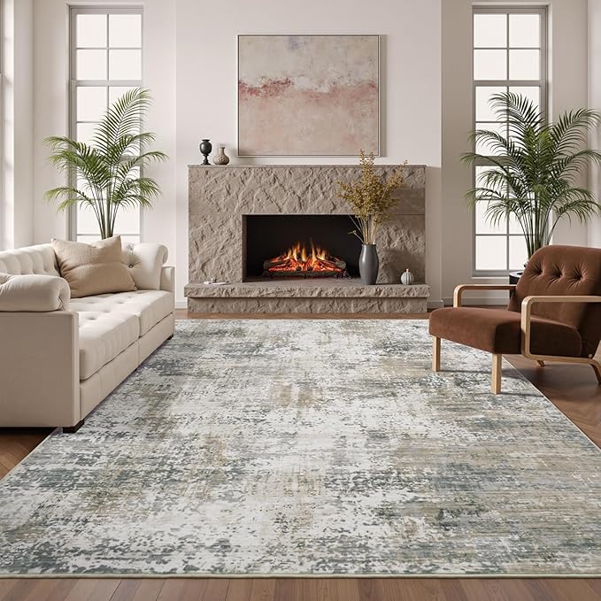 8x10 Area Rugs for Living Room, Abstract Neutral Large Washable Rug, Modern Soft Non-Slip Floor Carpet for Bedroom Dining Room Home Decor, Brown Tan