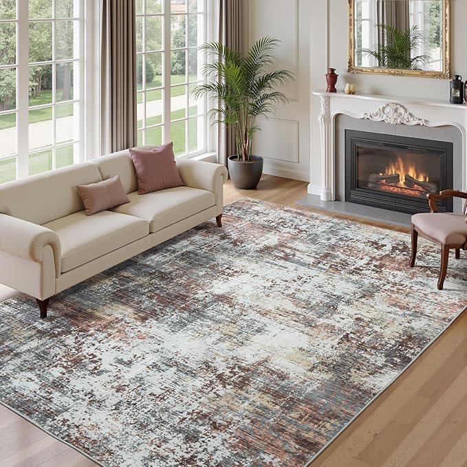 8x10 Area Rugs for Living Room, Abstract Modern Washable Rug, Indoor Soft Non-Slip Large Floor Carpet for Bedroom Dining Room Home Decor, Rust Red