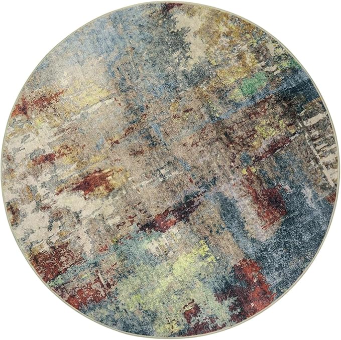 Lahome Modern Abstract Round Rug 4Ft - Washable 4x4 Circle Rugs for Living Room Bedroom Bathroom Non Slip, Soft Indoor Floor Carpet for Kitchen Entryway Family Room, Red/Multi