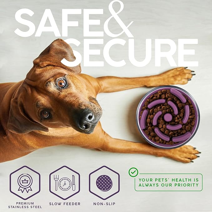 64 OZ Dog Bowl with Slow Feeder Insert Stainless Steel Pet Water Bowl for Medium & Large Breed Non Slip Rubber Base & Plastic Puzzle Feeder - Lavender