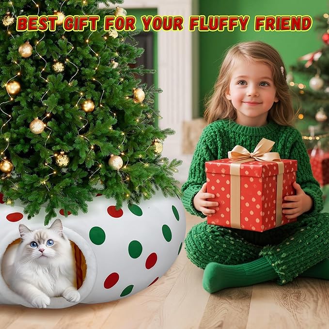 Cat Tunnel Christmas Tree Skirt, 3ft x 3ft x 9.8in Cat Tunnels for Indoor Cats, Red and Green Dot Cat Donut Tunnel with Hanging Ball and Cat Ears, Kitten Toys for Indoor Kittens Puppy Rabbit