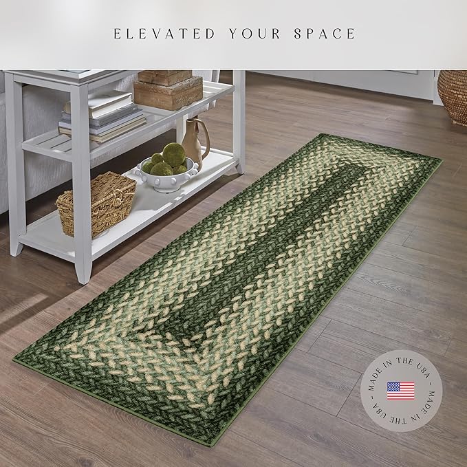 Maples Rugs Marion Bohemian Braided-Style Print Runner Rug ??Made in USA ??Washable, Non-Slip Indoor Runner for Hallway, Kitchen, and Laundry Room, 2' x 8', Green