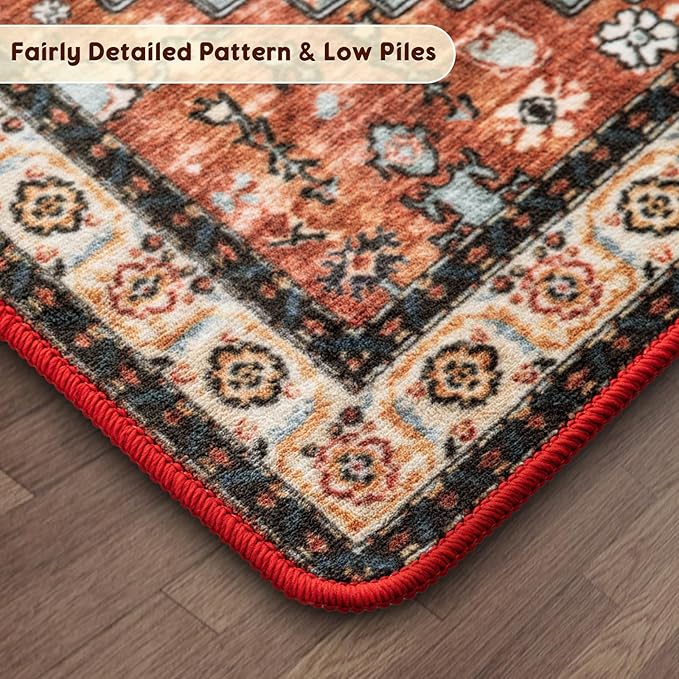 LBRO2M Boho Area Rug 8X10 Washable Rugs for Bedroom Low Piles Indoor Carpet, Non Slip Soft Rug for Living Room, Dining Room, Red Rug Foldable Pet Friendly Area Rugs Stain Resistant (8'X10' Red)
